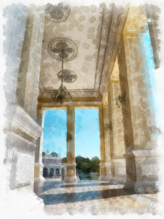 ancient building european architecture watercolor style illustration impressionist painting.の写真素材