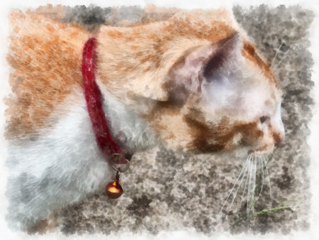 white orange cat watercolor style illustration impressionist painting.