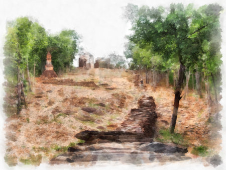 Ancient architecture of Thailand watercolor style illustration impressionist painting.の写真素材