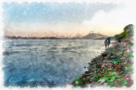 The landscape of the Mekong River Thailand watercolor style illustration impressionist painting.の写真素材