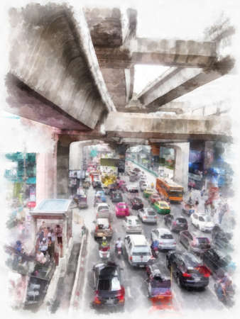 landscape of buildings in the city watercolor style illustration impressionist painting.の写真素材