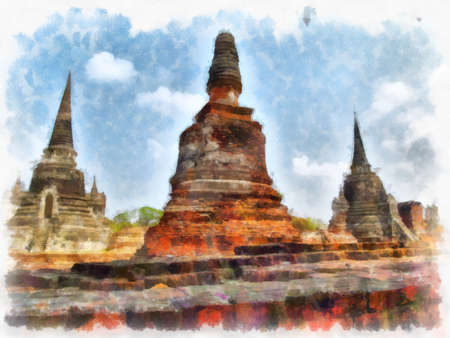 Ancient architecture of Thailand watercolor style illustration impressionist painting.の写真素材