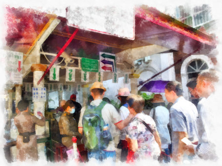 Row of tourists in Thailand watercolor style illustration impressionist painting.
