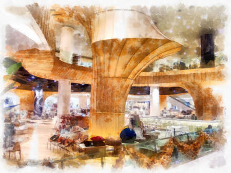 inside shopping mall watercolor style illustration impressionist painting.の写真素材
