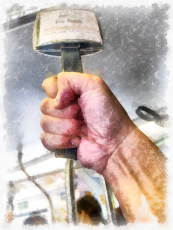 Man hand holding railing on bus watercolor style illustration impressionist painting.