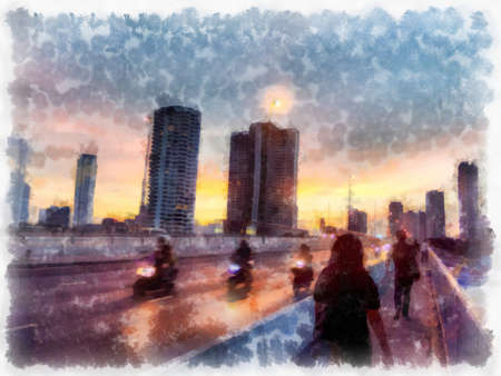 city landscape watercolor style illustration impressionist painting.の写真素材