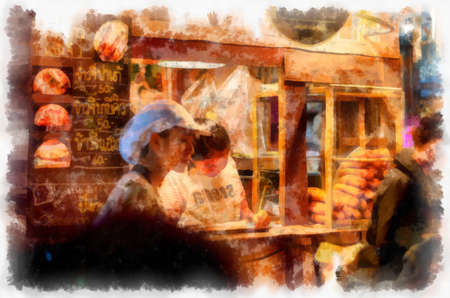 Night market in Thailand watercolor style illustration impressionist painting.の写真素材