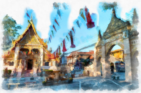 Ancient architecture of Thailand watercolor style illustration impressionist painting.の写真素材