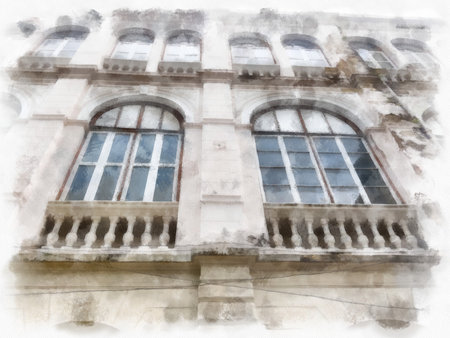 ancient building european architecture watercolor style illustration impressionist painting.の写真素材