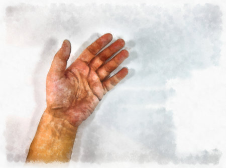 Male hands in various gestures watercolor style illustration impressionist painting.の写真素材