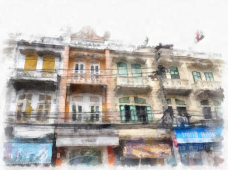 landscape of buildings in the Bangkok city watercolor style illustration impressionist painting.の写真素材