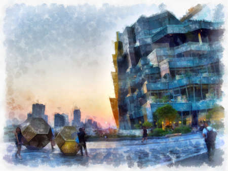 landscape of buildings in the city watercolor style illustration impressionist painting.の写真素材