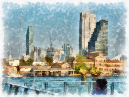 city river landscape watercolor style illustration impressionist painting.の写真素材