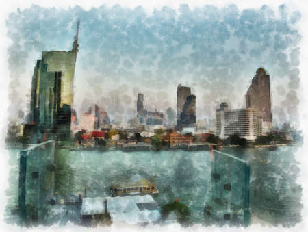 landscape of buildings in the city watercolor style illustration impressionist painting.の写真素材