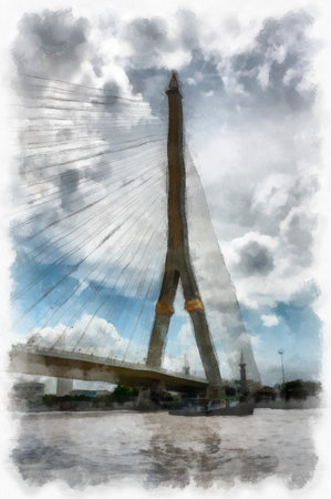 The landscape of the bridge over the river watercolor style illustration impressionist painting.