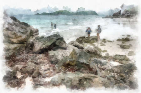 rocky beach by the sea watercolor style illustration impressionist painting.の写真素材