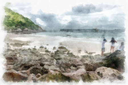 rocky beach by the sea watercolor style illustration impressionist painting.の写真素材