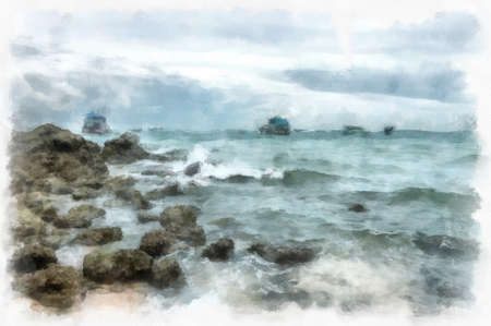 rocky beach by the sea watercolor style illustration impressionist painting.の写真素材