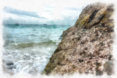 rocky beach by the sea watercolor style illustration impressionist painting.
