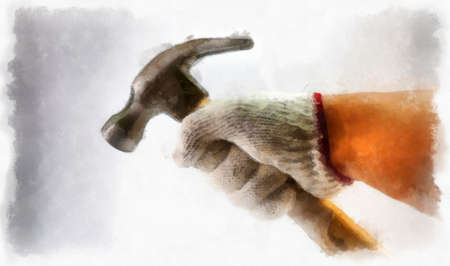 hand wearing a glove holding a hammer watercolor style illustration impressionist painting.の写真素材