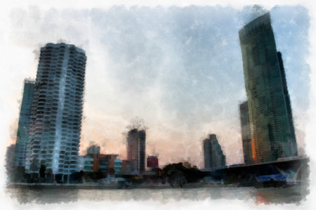 The landscape of the river in the city in the evening watercolor style illustration impressionist painting.の写真素材