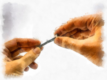 man's hand turning screw watercolor style illustration impressionist painting.