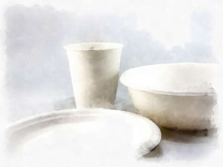 Set of plates glasses and paper cups watercolor style illustration impressionist painting.の写真素材