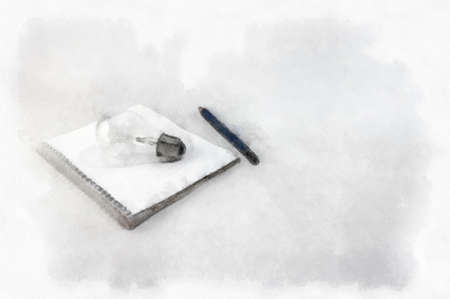 Notebook light bulb and pencil on white background watercolor style illustration impressionist painting.の写真素材