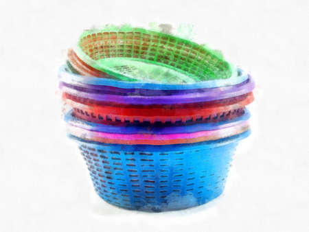 colorful plastic baskets on a white background watercolor style illustration impressionist painting.の写真素材