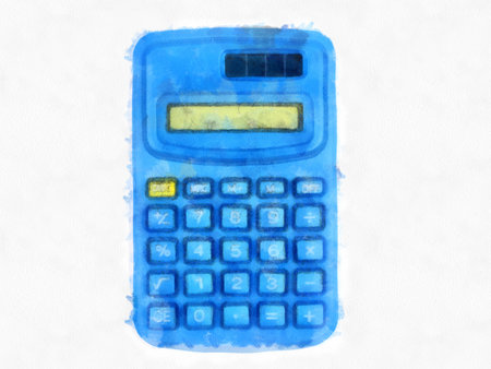 blue small calculator on white background watercolor style illustration impressionist painting.の写真素材