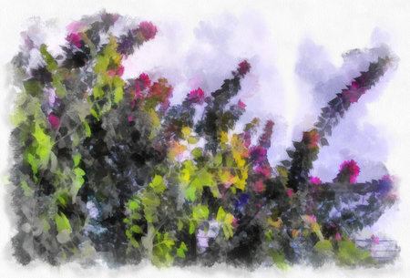 a flower tree with tall pink flowerswatercolor style illustration impressionist painting.の写真素材