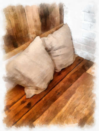 Food, wooden seats with brown cushions.watercolor style illustration impressionist painting.の写真素材