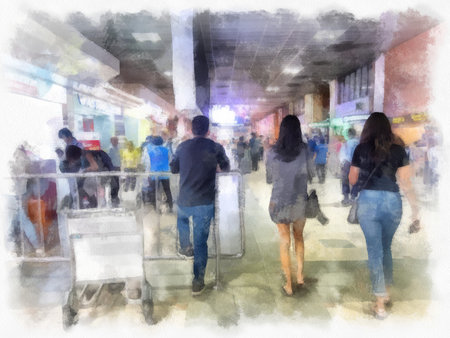 passengers inside the airport watercolor style illustration impressionist painting.