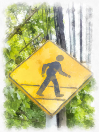 A sign showing pedestrian crossing the road in yellow. watercolor style illustration impressionist painting.の写真素材