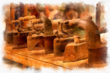 An antique iron iron heated by charcoal. watercolor style illustration impressionist painting.の写真素材