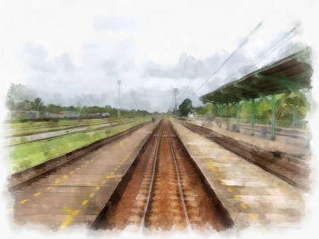 The longest railroad watercolor style illustration impressionist painting.の写真素材