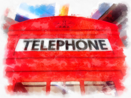 red london phone booth watercolor style illustration impressionist painting.の写真素材