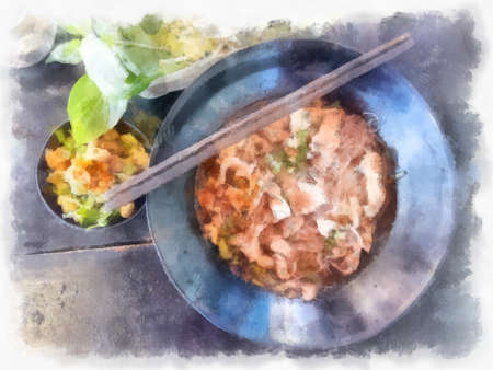 Braised Beef Noodles with Pork Chops on a Wooden Table watercolor style illustration impressionist painting.の写真素材