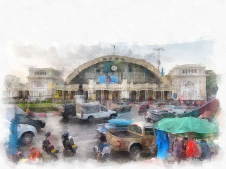 Landscape of Hua Lamphong Railway Station, an ancient old station in Bangkok watercolor style illustration impressionist painting.の写真素材