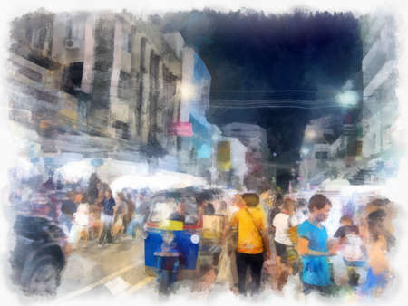 Night market landscape on the streets of Bangkok watercolor style illustration impressionist painting.の写真素材