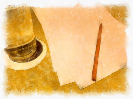 A clear glass of water and a piece of A4 paper with a pencil above it on the table. watercolor style illustration impressionist painting.の写真素材