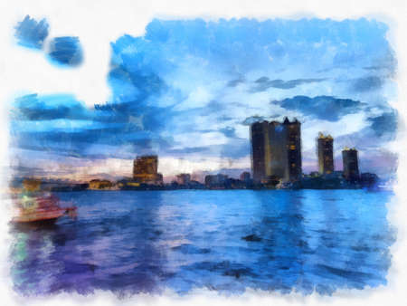 Landscape of the Chao Phraya River in Bangkok in Twilight Time watercolor style illustration impressionist painting.の写真素材
