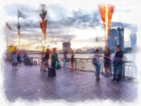 Landscape of the Chao Phraya River in Bangkok in Twilight Time watercolor style illustration impressionist painting.の写真素材