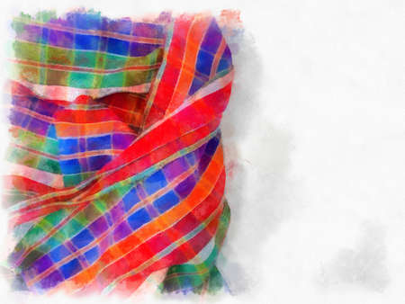 Plaid cloth or loincloth in Thailand, white, blue, red on a white background. watercolor style illustration impressionist painting.の写真素材