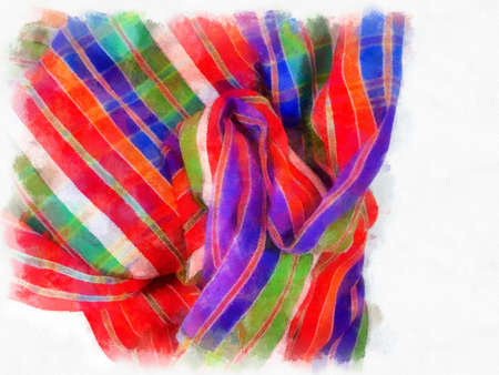 Plaid cloth or loincloth in Thailand, white, blue, red on a white background. watercolor style illustration impressionist painting.の写真素材