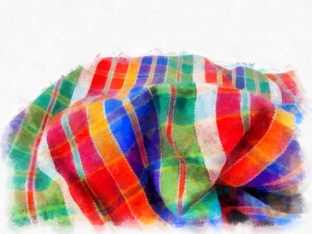Plaid cloth or loincloth in Thailand, white, blue, red on a white background. watercolor style illustration impressionist painting.の写真素材