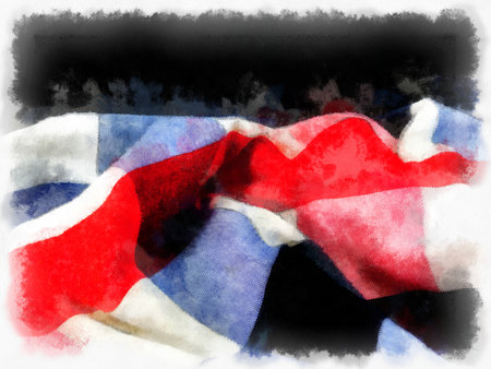 Plaid cloth or loincloth in Thailand, white, blue, red on a white background. watercolor style illustration impressionist painting.の写真素材