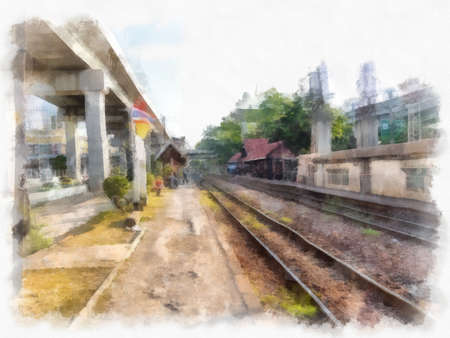The landscape of railways and elevated roads in Bangkok watercolor style illustration impressionist painting.の写真素材