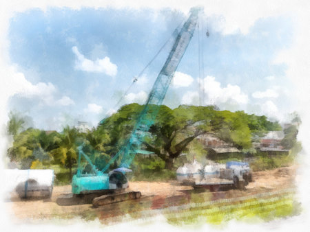 Cranes are doing construction work at the roadside work site. watercolor style illustration...