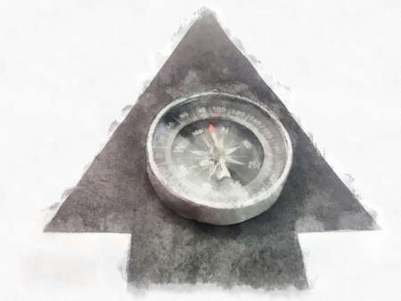 A black arrow symbol navigation arrow with compass placed above on a white background. watercolor style illustration impressionist painting.の写真素材